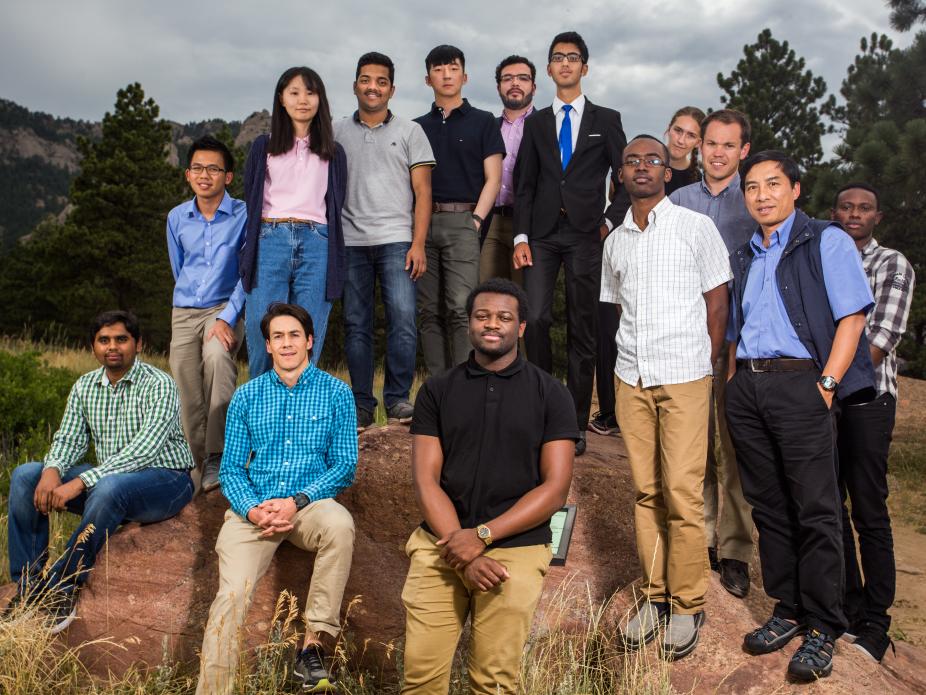 Group photo of 2017 interns, outdoors near the NCAR Mesa Lab in Boulder.