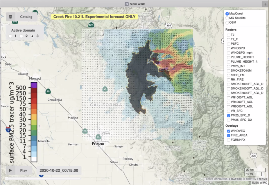 A screenshot of the web portal with an animation of fire progression and surface smoke forecast for the 2020 Creek Fire in California