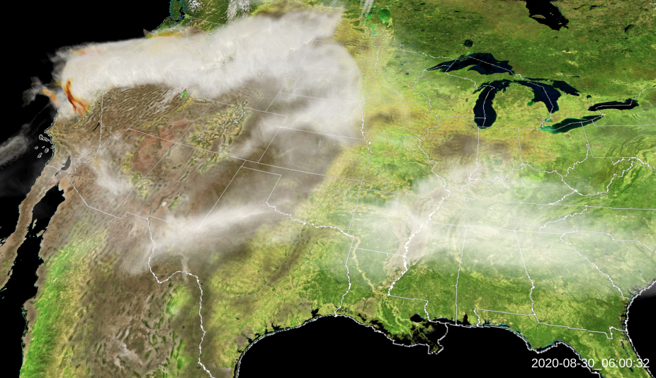 Simulated dispersal of wildfire smoke over the Western U.S. 