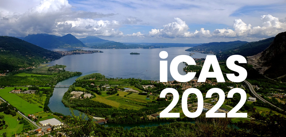 View of Lake Maggiore near Stresa, Italy, with an iCAS 2022 logo superimposed