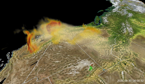 Smoke over the U.S. western coast in a VAPOR visualization.